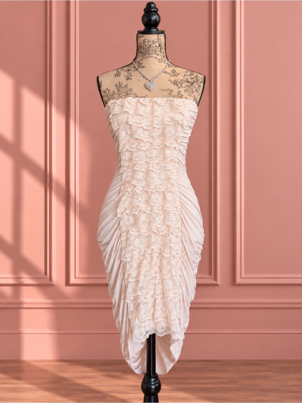 Y2K Vintage Cream Strapless Lace Ruffle Ruched Midi Dress Size M